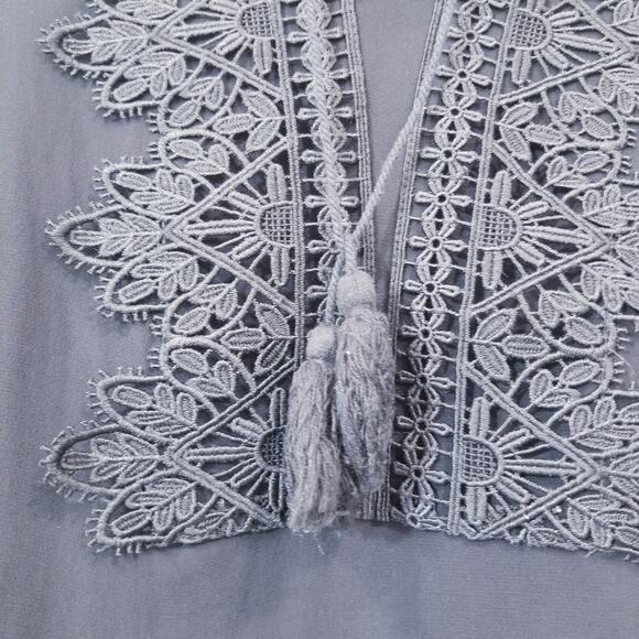 Line and Dot Black Crochet Tassels Deep V-neckline Sheer Blouse Long Sleeves - Picture 5 of 11